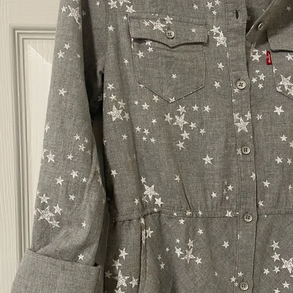 Levi’s Girls Shirt Dress Long Sleeve Gray Printed Stars Size M Youth (10-12) EUC